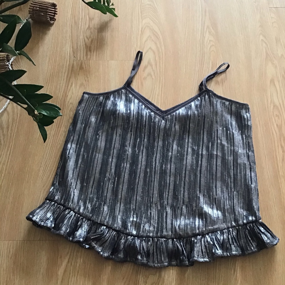 Anthropologie silver sequin ruffle hem camisole